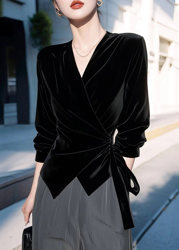 Chic Black V Neck Tie Waist Silk Velvet Shirt Spring