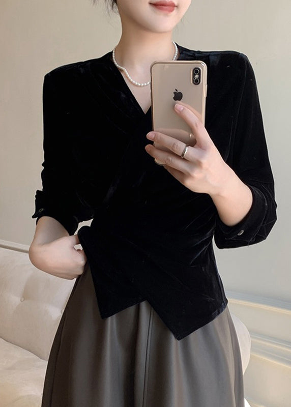 Chic Black V Neck Tie Waist Silk Velvet Shirt Spring