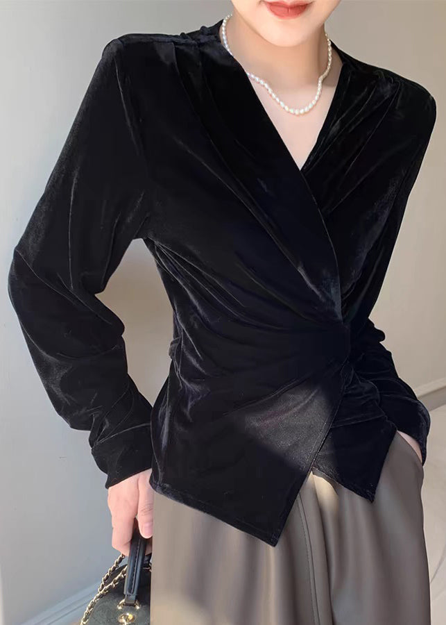Chic Black V Neck Tie Waist Silk Velvet Shirt Spring