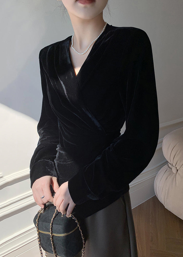 Chic Black V Neck Tie Waist Silk Velvet Shirt Spring