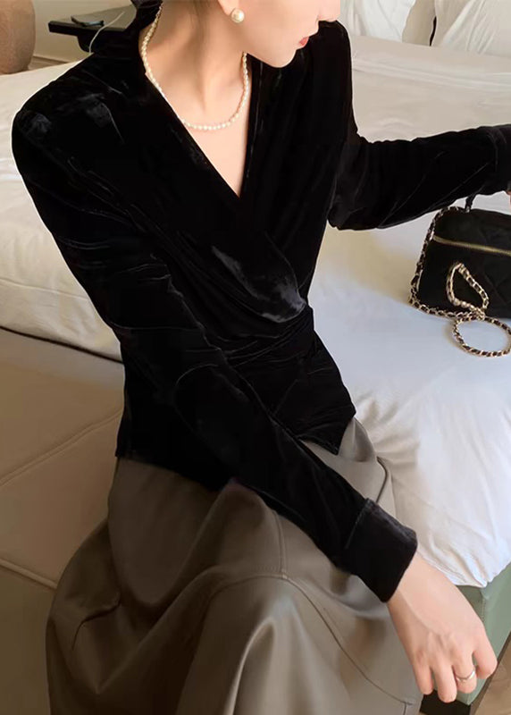 Chic Black V Neck Tie Waist Silk Velvet Shirt Spring