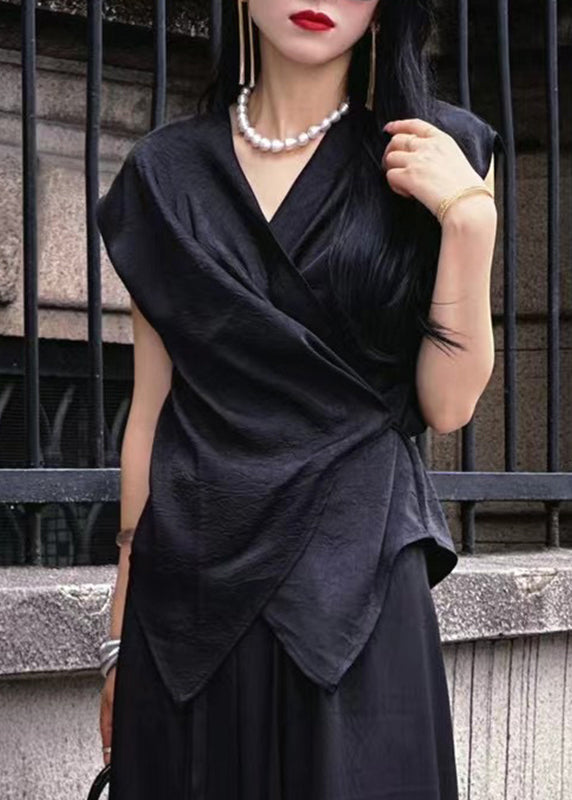 Chic Black V Neck Tie Waist Top Summer
