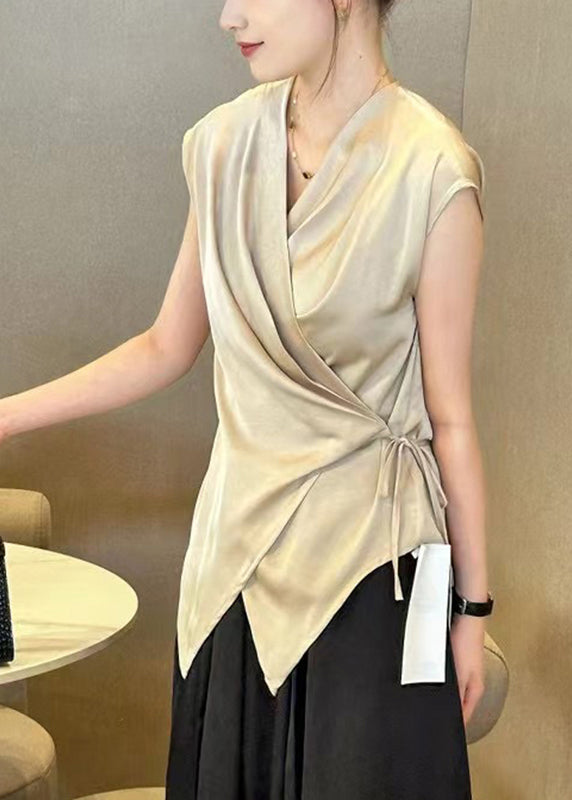 Chic Black V Neck Tie Waist Top Summer