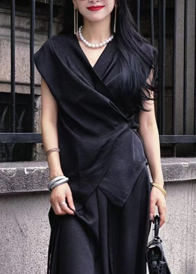 Chic Black V Neck Tie Waist Top Summer