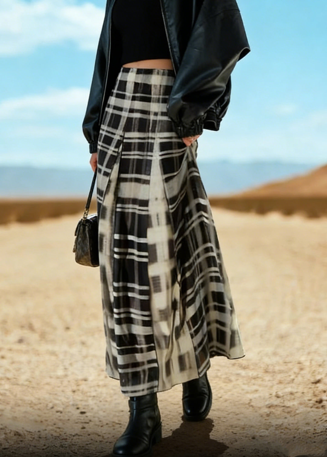 Chic Black White Plaid A Line Skirt Spring