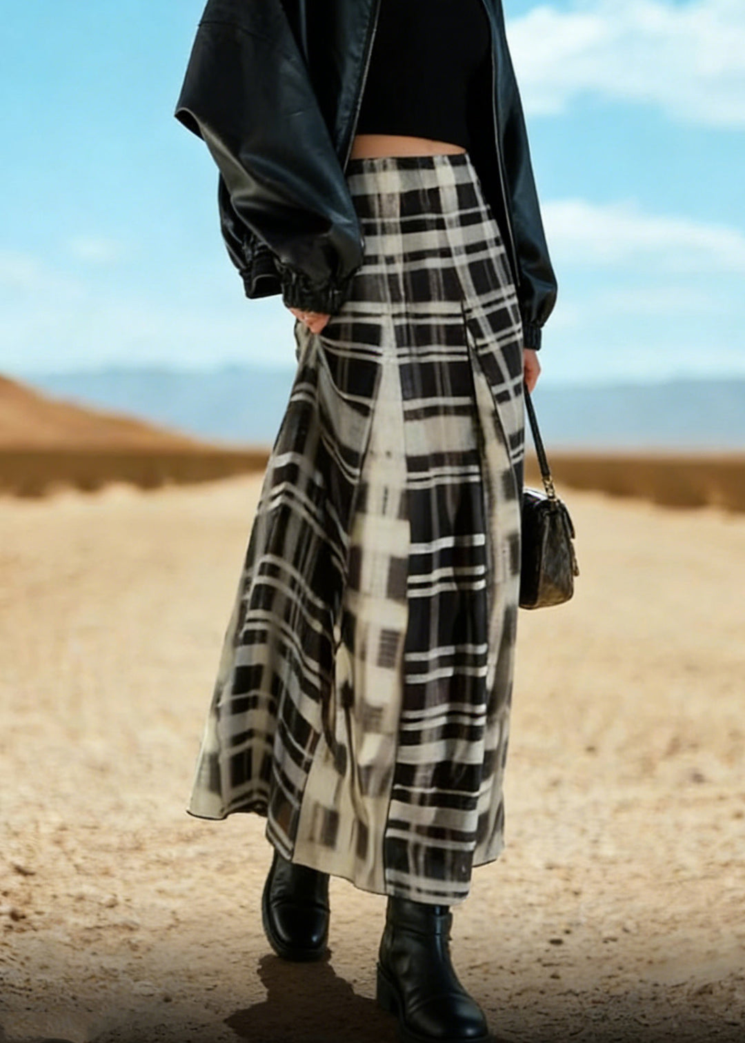 Chic Black White Plaid A Line Skirt Spring