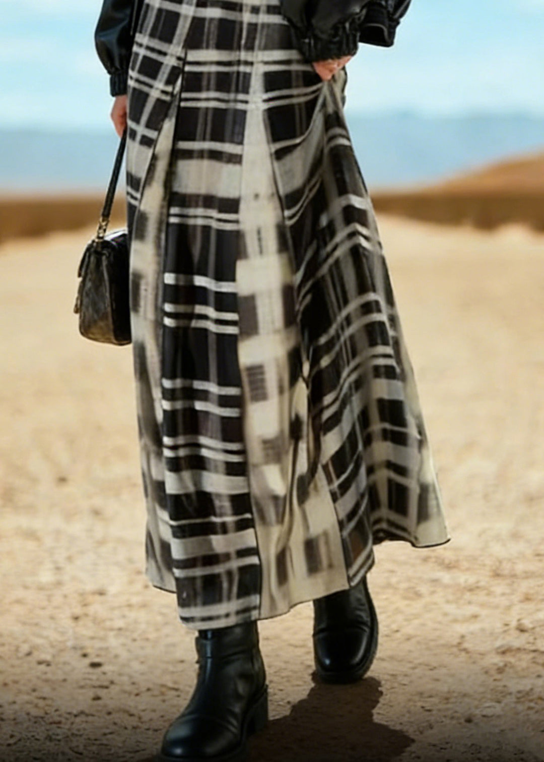 Chic Black White Plaid A Line Skirt Spring