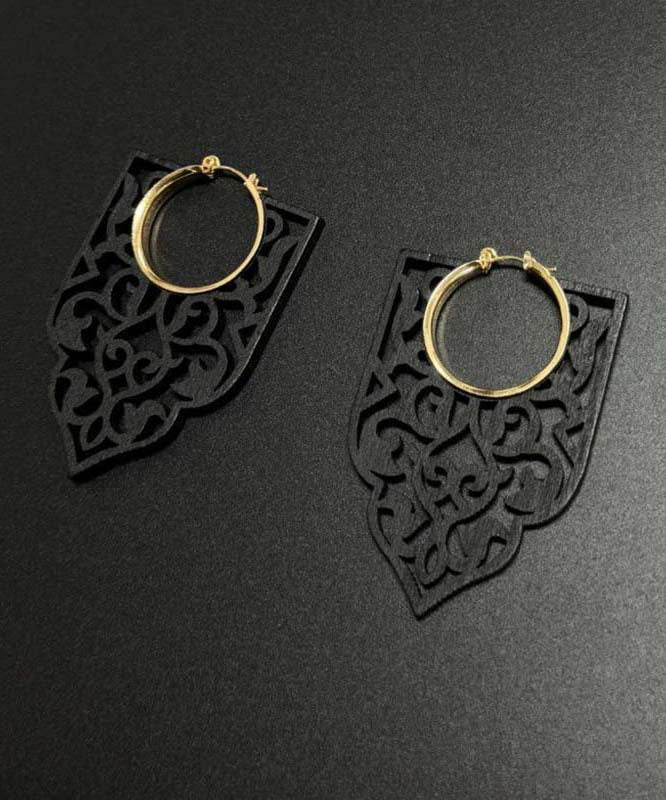 Chic Black Wooden Hollow Out Hoop Earrings