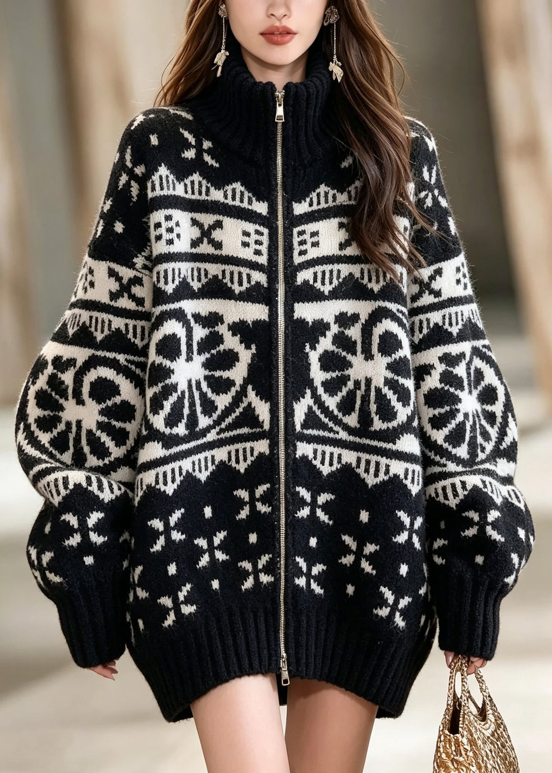 Chic Black Zip Up Geometric Patchwork Thick Knit Coat Fall