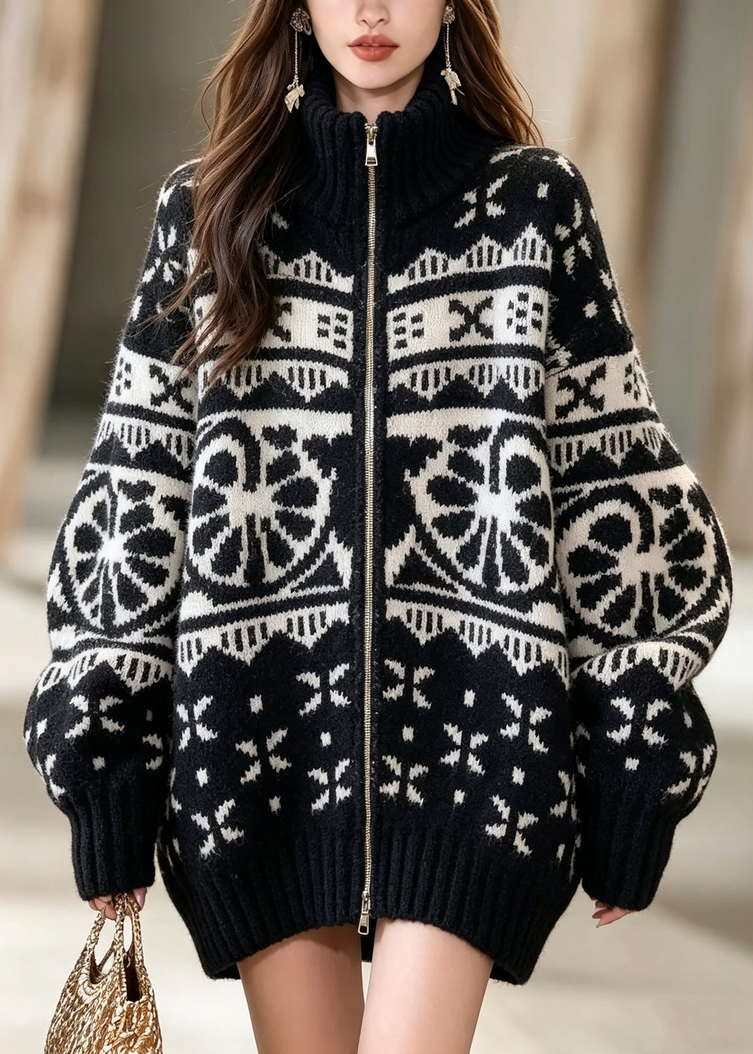 Chic Black Zip Up Geometric Patchwork Thick Knit Coat Fall