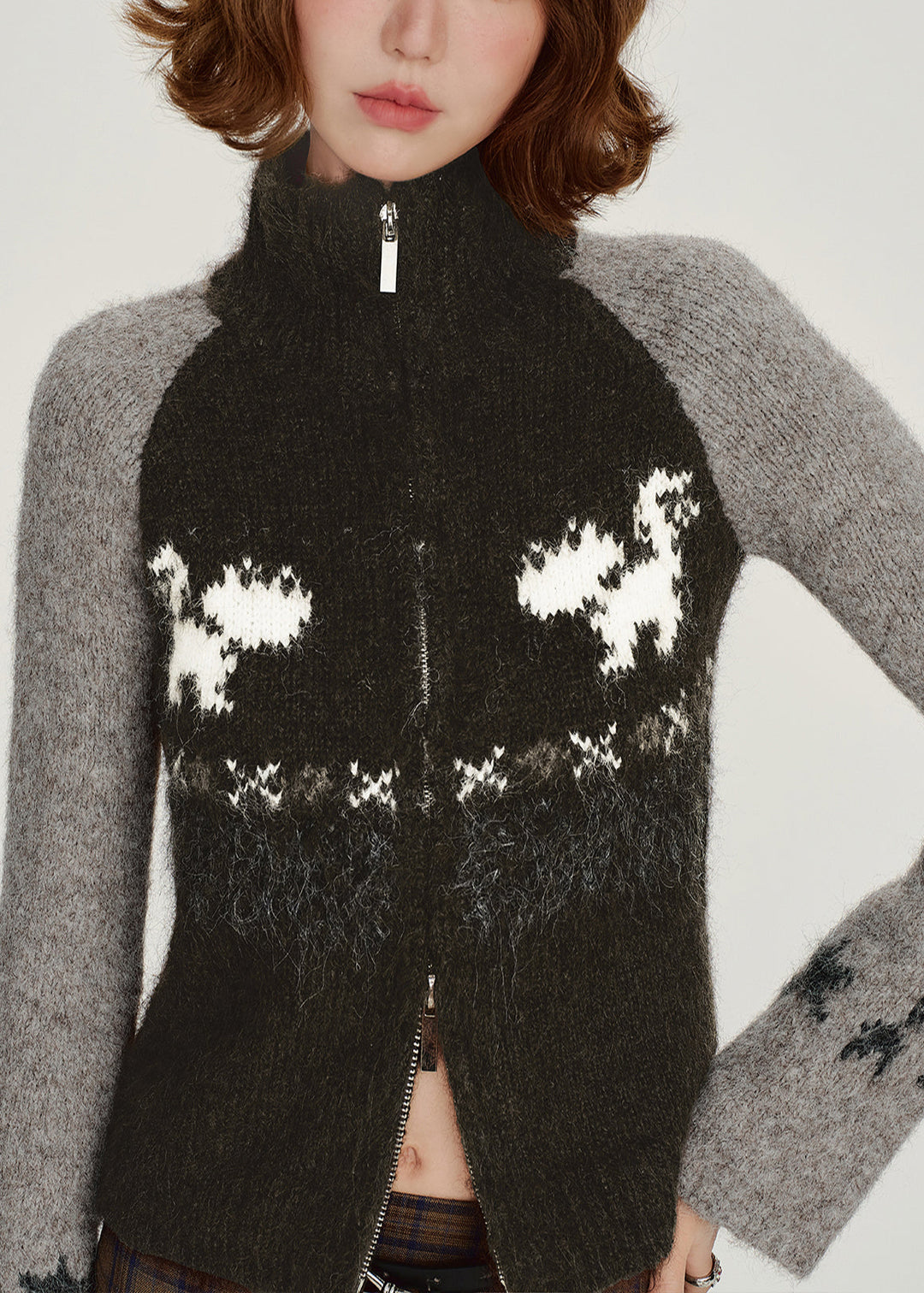 Chic Black Zip Up Patchwork Knit Cardigan Winter