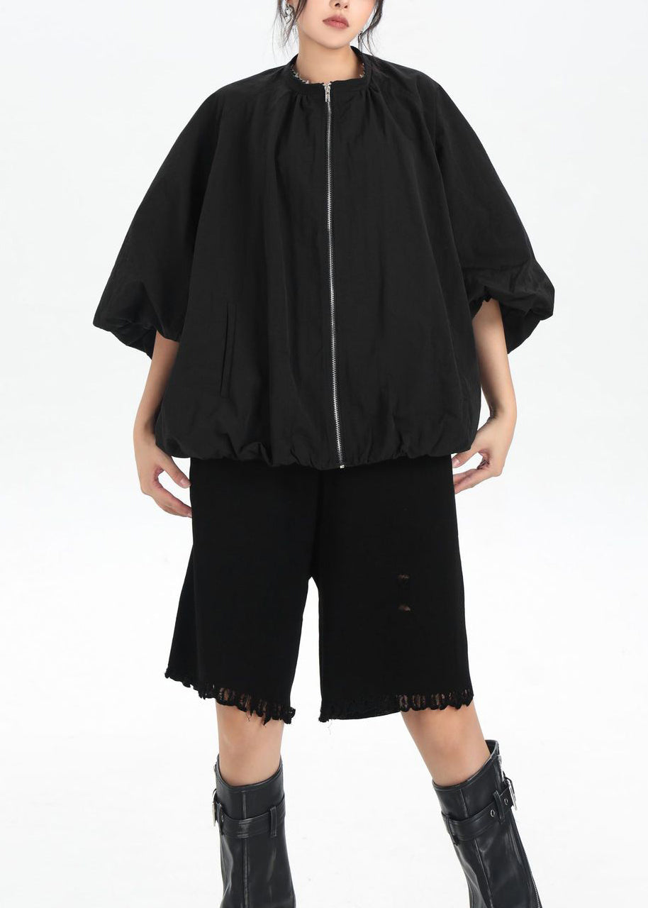 Chic Black Zip Up Pockets Patchwork Cotton Jacket Flower Bud Sleeve