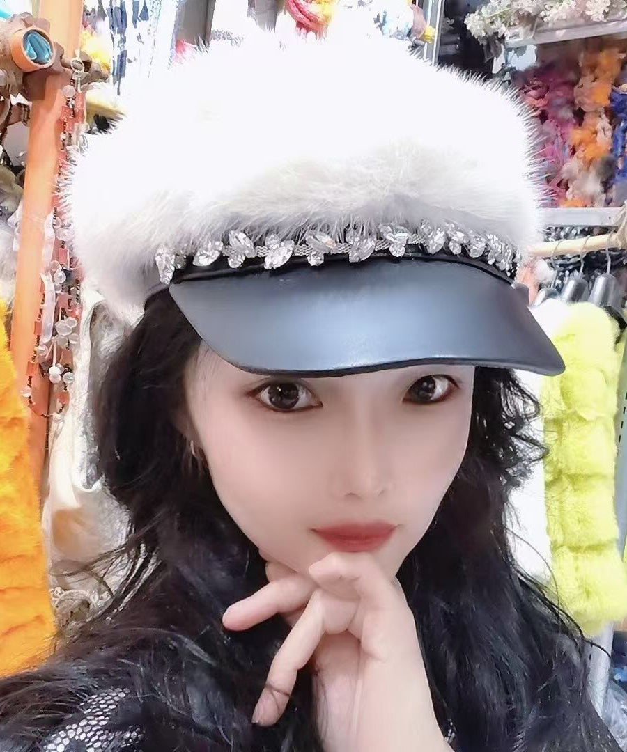 Chic Black Zircon Fuzzy Fur Fluffy Beret Hat