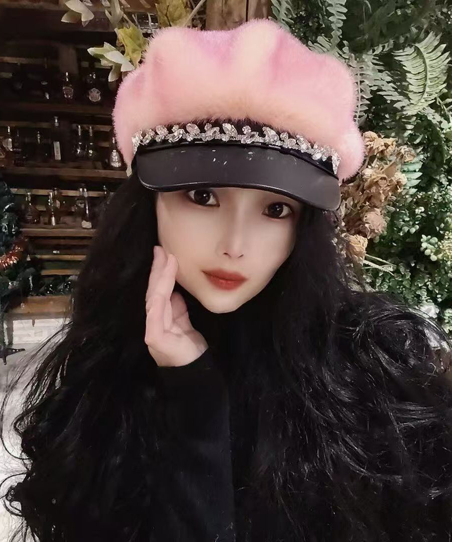 Chic Black Zircon Fuzzy Fur Fluffy Beret Hat