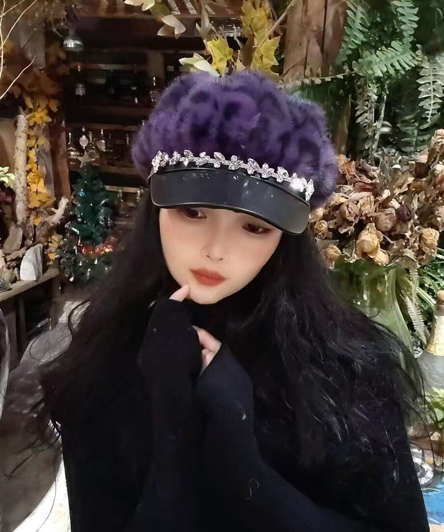 Chic Black Zircon Fuzzy Fur Fluffy Beret Hat