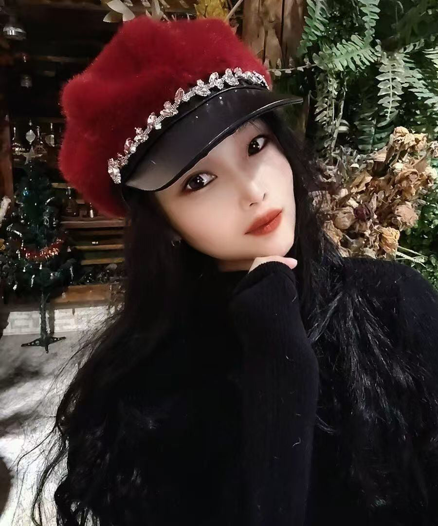 Chic Black Zircon Fuzzy Fur Fluffy Beret Hat