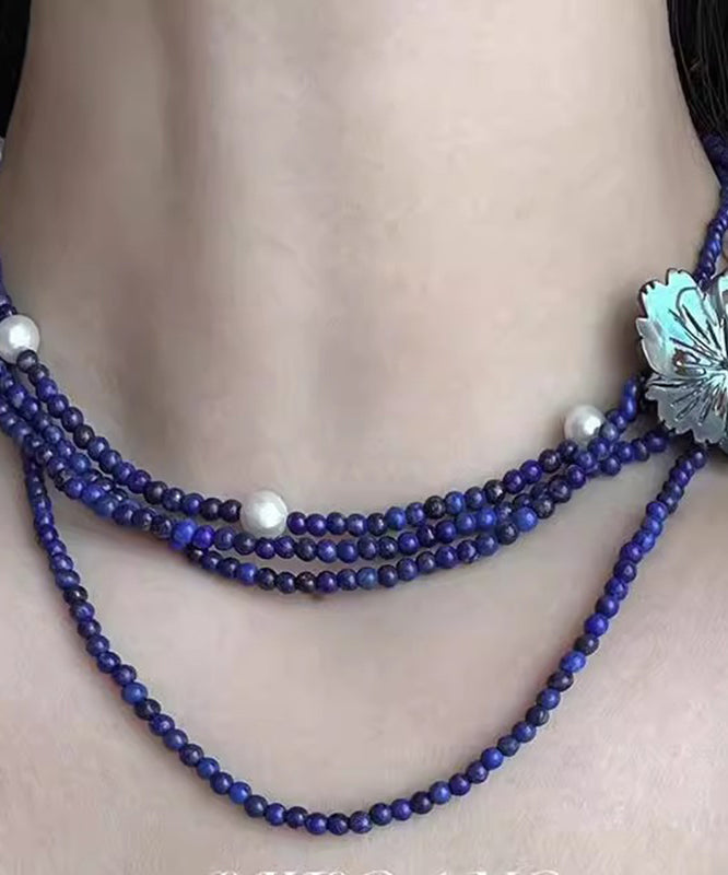 Chic Blue Alloy Pearl Beading Floral Layered Gratuated Bead Necklace