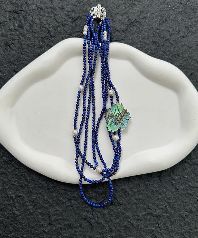 Chic Blue Alloy Pearl Beading Floral Layered Gratuated Bead Necklace