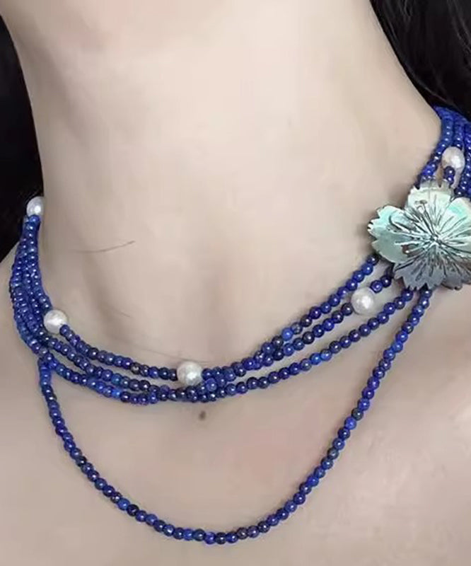 Chic Blue Alloy Pearl Beading Floral Layered Gratuated Bead Necklace