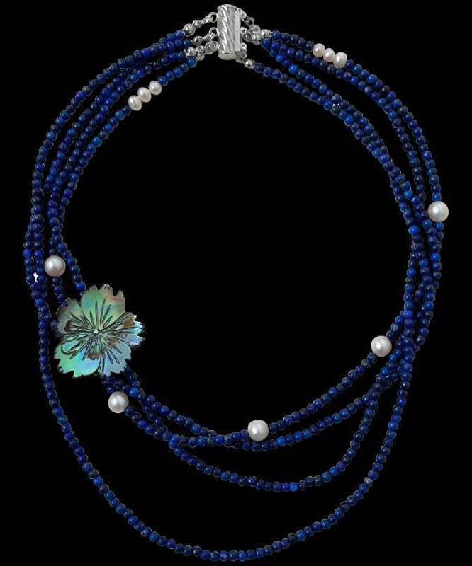 Chic Blue Alloy Pearl Beading Floral Layered Gratuated Bead Necklace