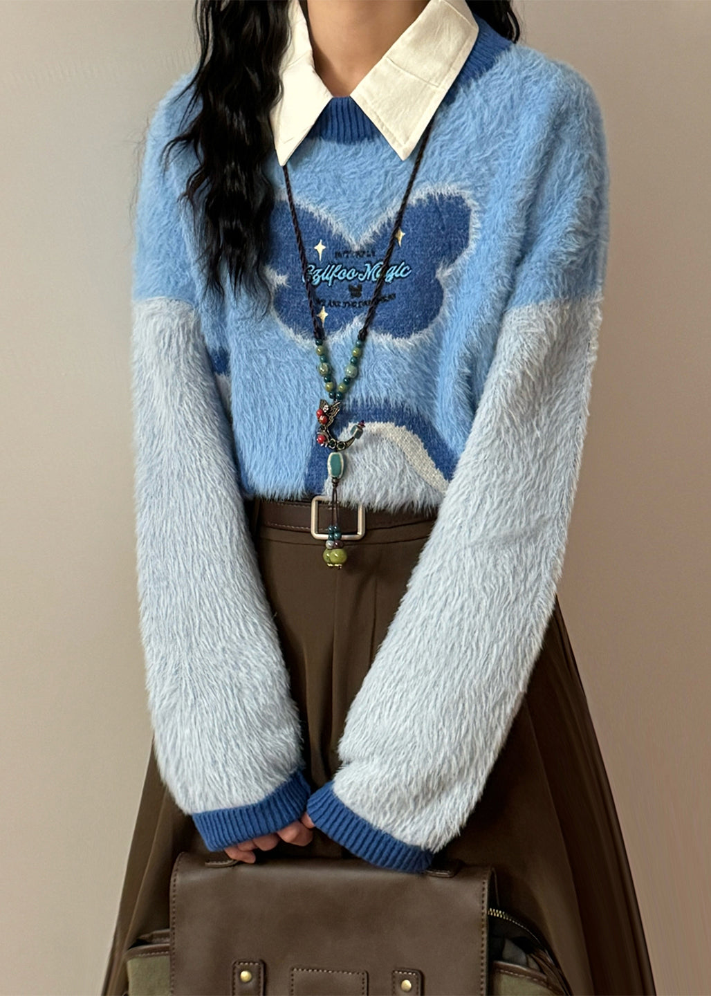 Chic Blue Asymmetrical Fluffy Patchwork Knit Sweaters
