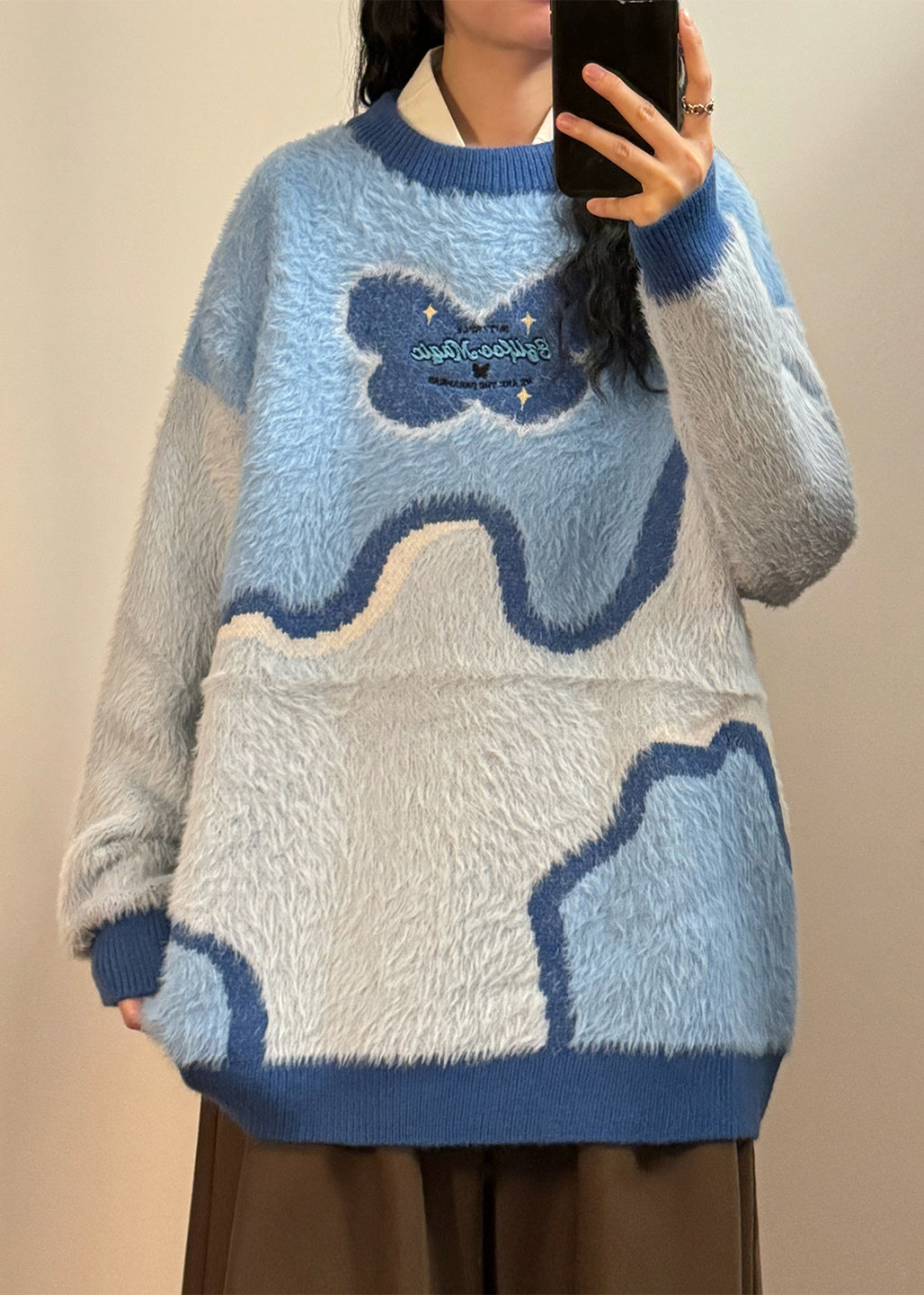 Chic Blue Asymmetrical Fluffy Patchwork Knit Sweaters