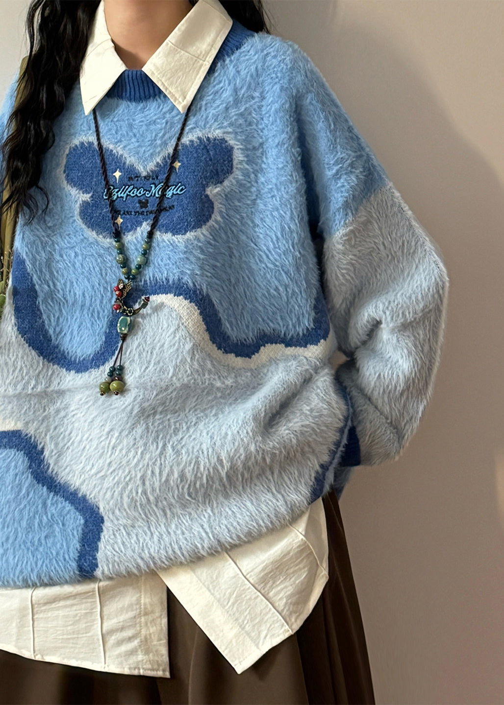 Chic Blue Asymmetrical Fluffy Patchwork Knit Sweaters