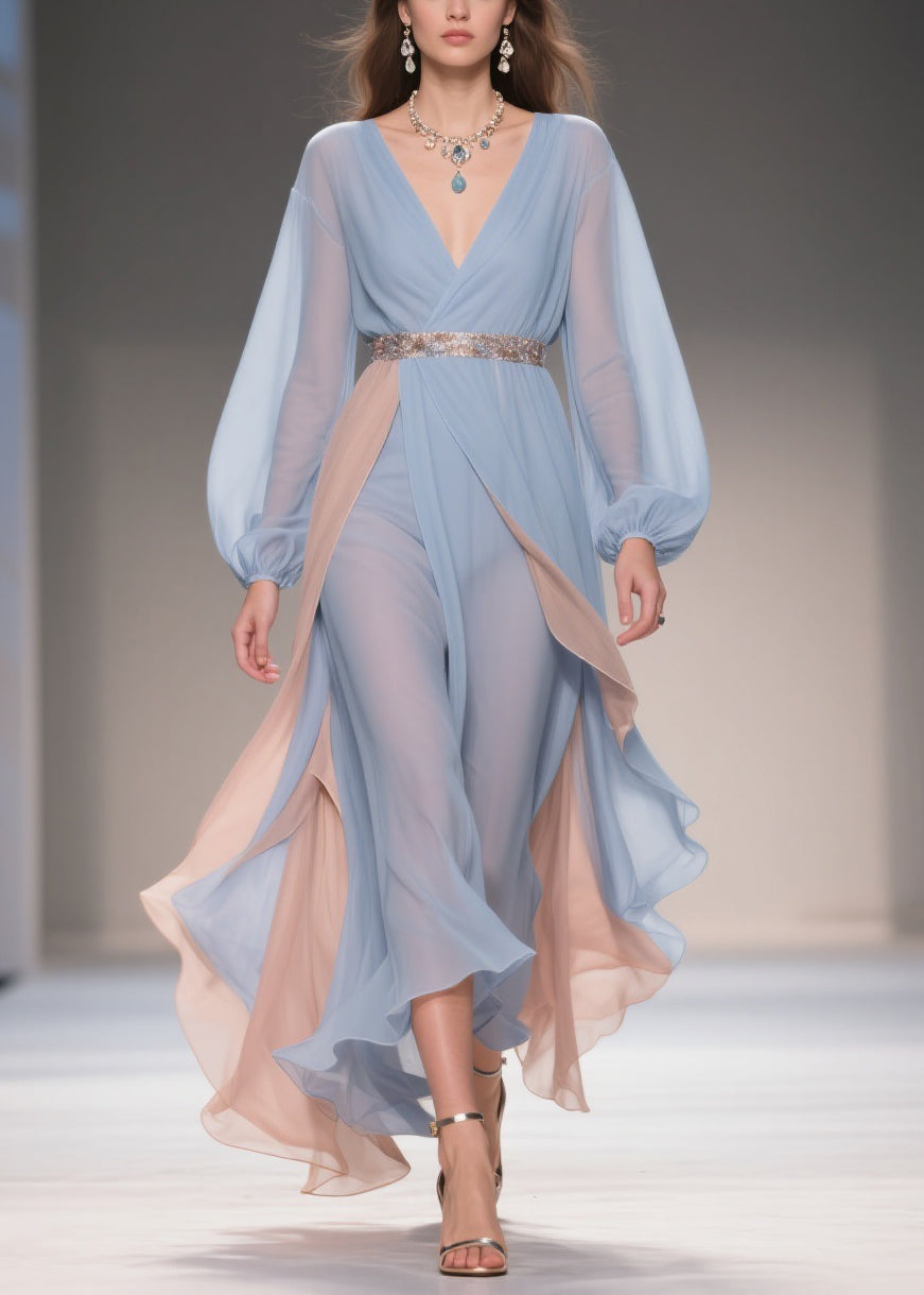 Chic Blue Asymmetrical High Waist Patchwork Chiffon Party Dress