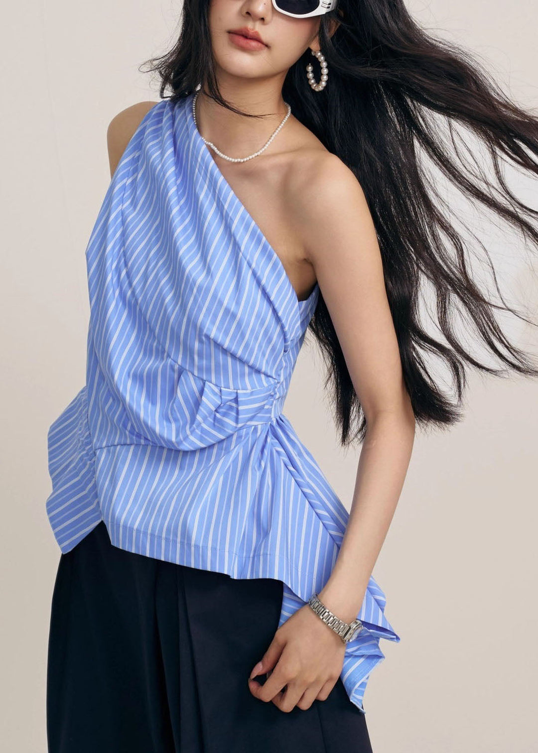 Chic Blue Asymmetrical One Shoulder Wrinkled Striped Tops Sleeveless