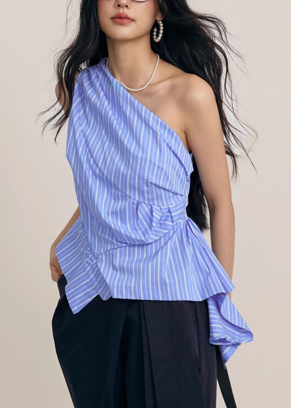 Chic Blue Asymmetrical One Shoulder Wrinkled Striped Tops Sleeveless
