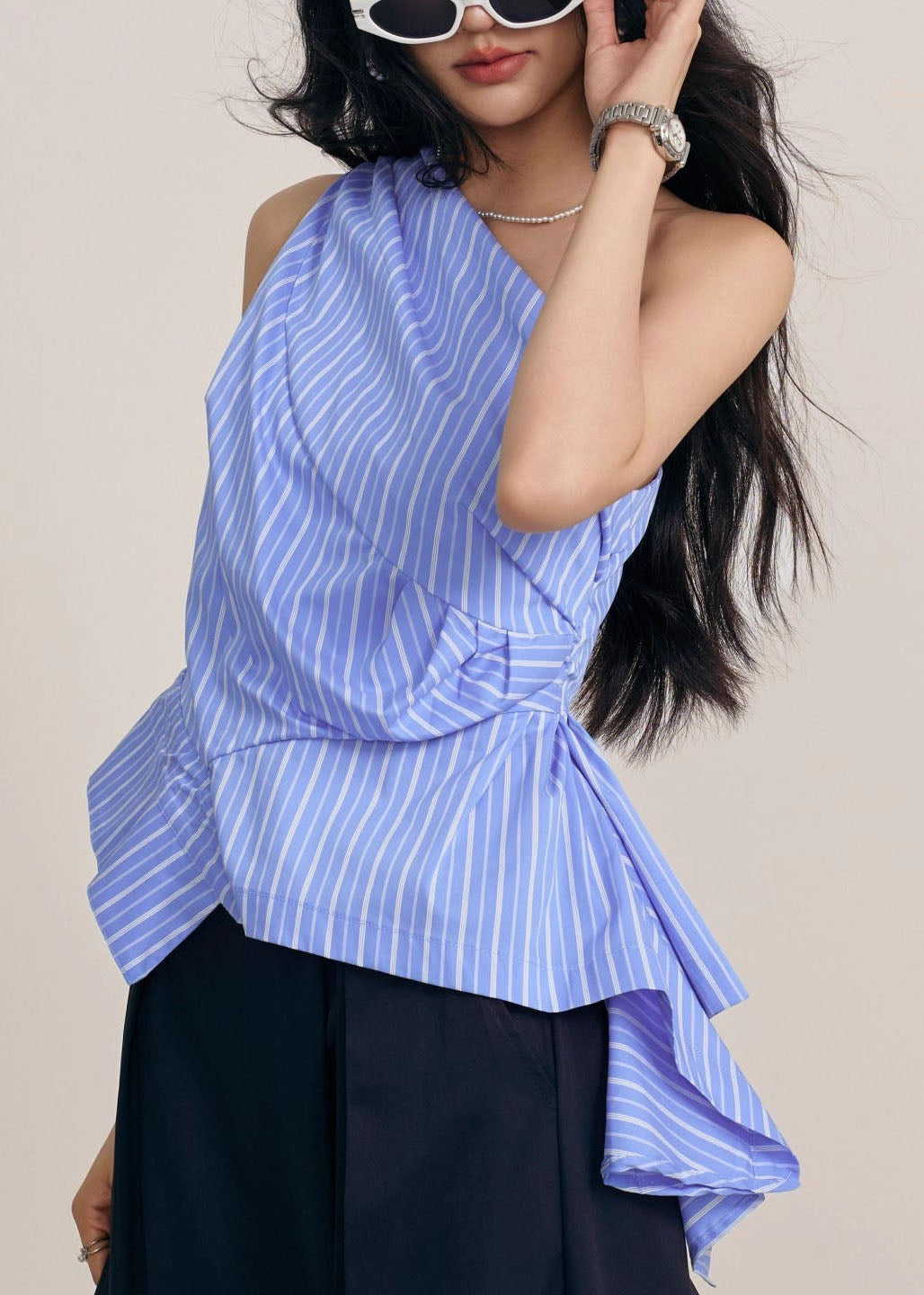 Chic Blue Asymmetrical One Shoulder Wrinkled Striped Tops Sleeveless