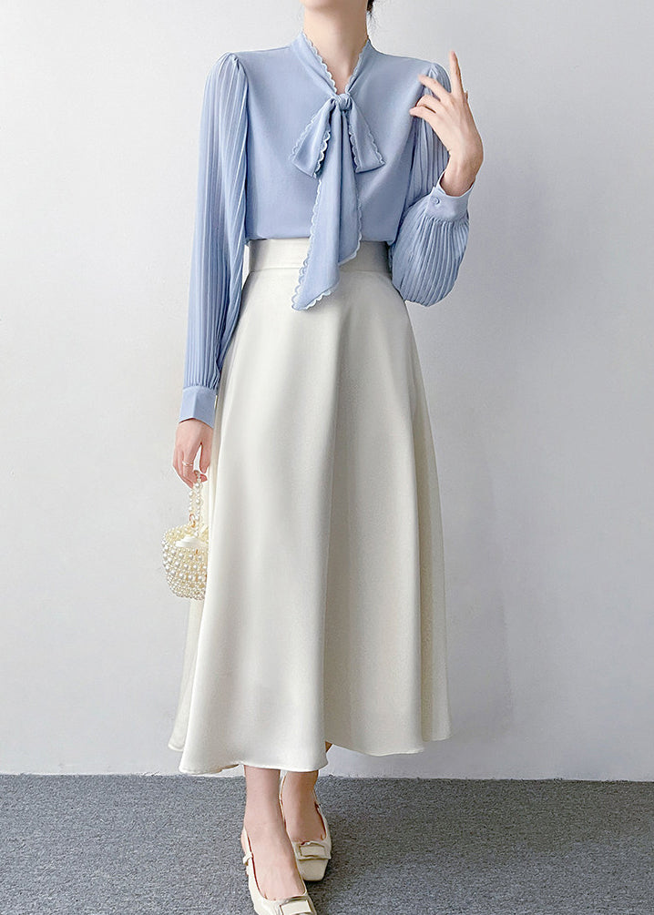 Chic Blue Bow Draping Chiffon Pleated Shirts Spring