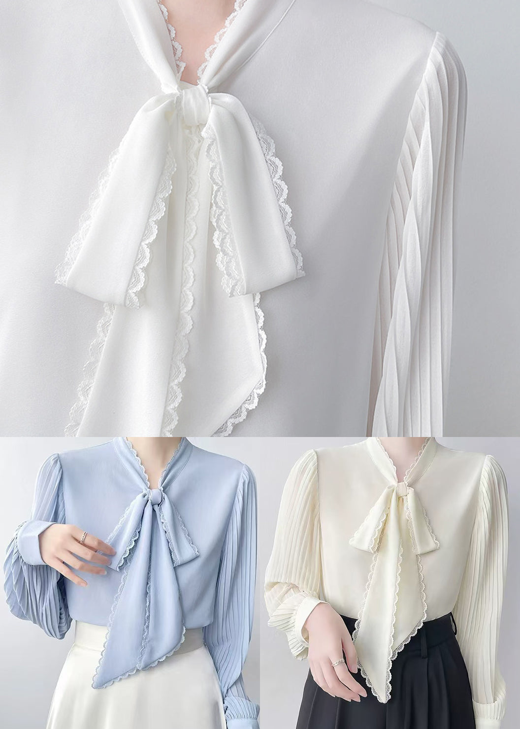 Chic Blue Bow Draping Chiffon Pleated Shirts Spring