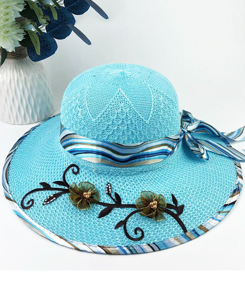 Chic Blue Bow Floral Nail Bead Patchwork Sun Hat
