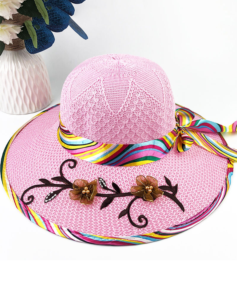 Chic Blue Bow Floral Nail Bead Patchwork Sun Hat