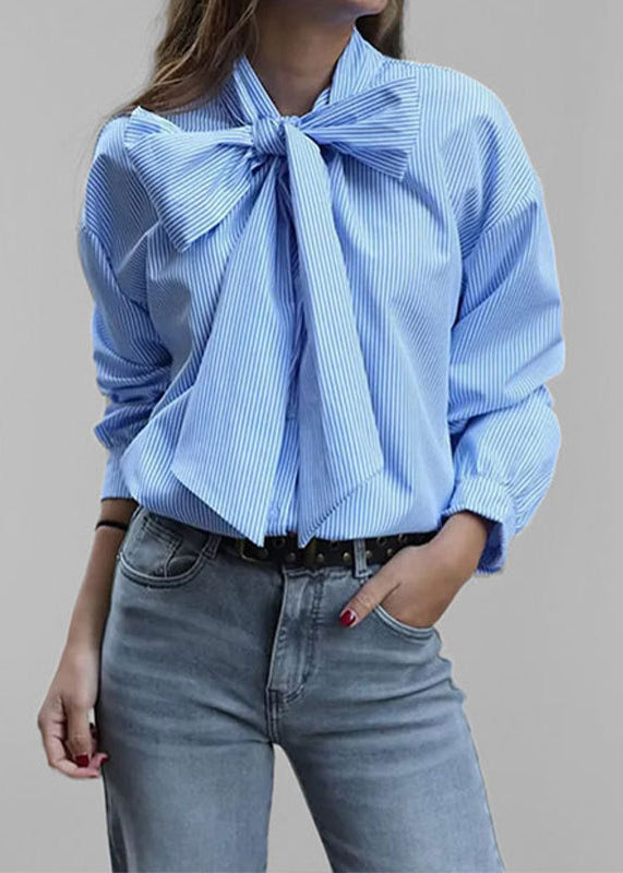 Chic Blue Bow Lace Up Striped Cotton Blouses Summer