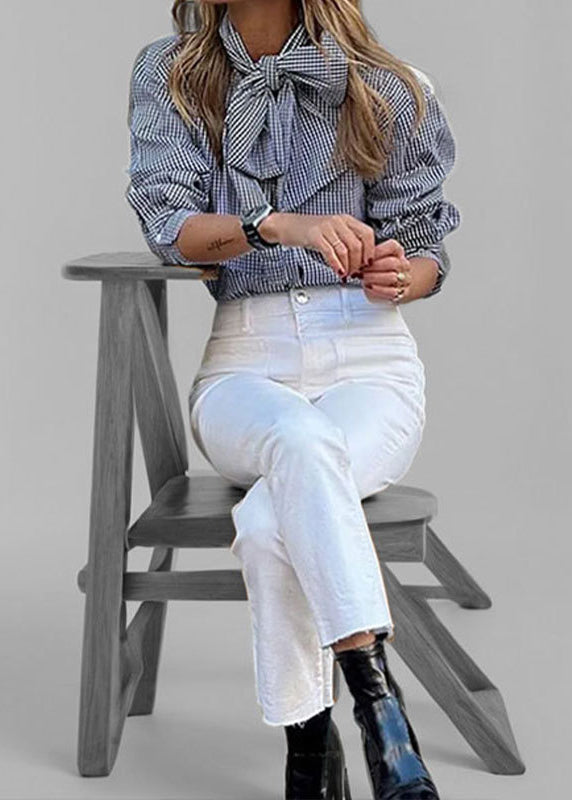 Chic Blue Bow Lace Up Striped Cotton Blouses Summer