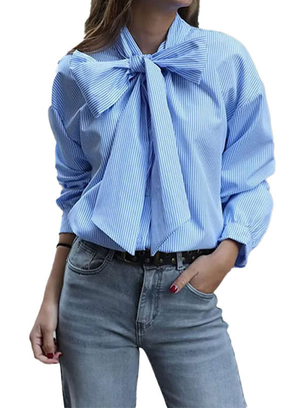 Chic Blue Bow Lace Up Striped Cotton Blouses Summer