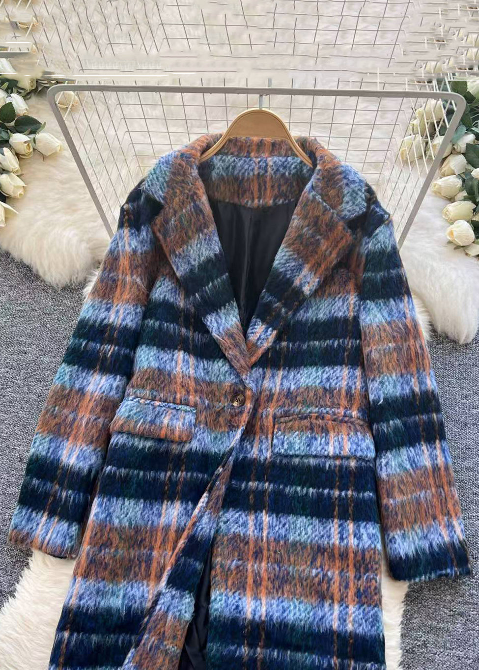 Chic Blue Button Plaid Pockets Woolen Coats Winter
