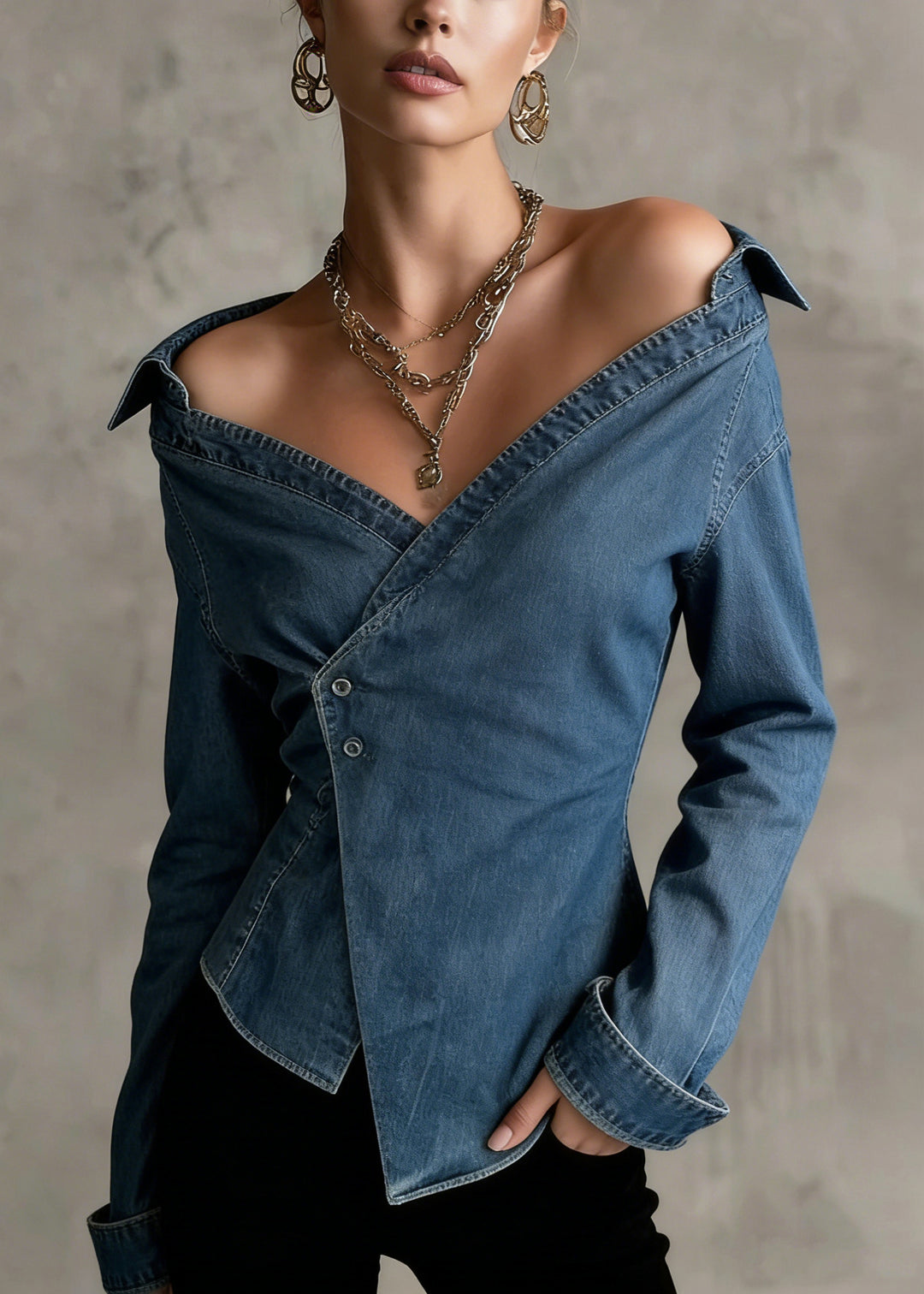 Chic Blue Cold Shoulder Asymmetrical Design Denim Shirts Spring