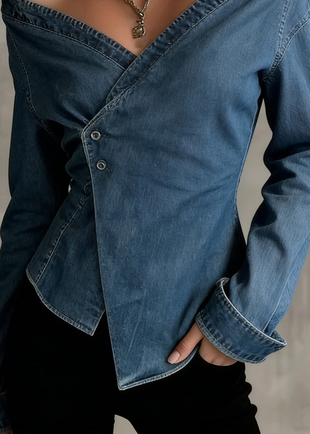 Chic Blue Cold Shoulder Asymmetrical Design Denim Shirts Spring