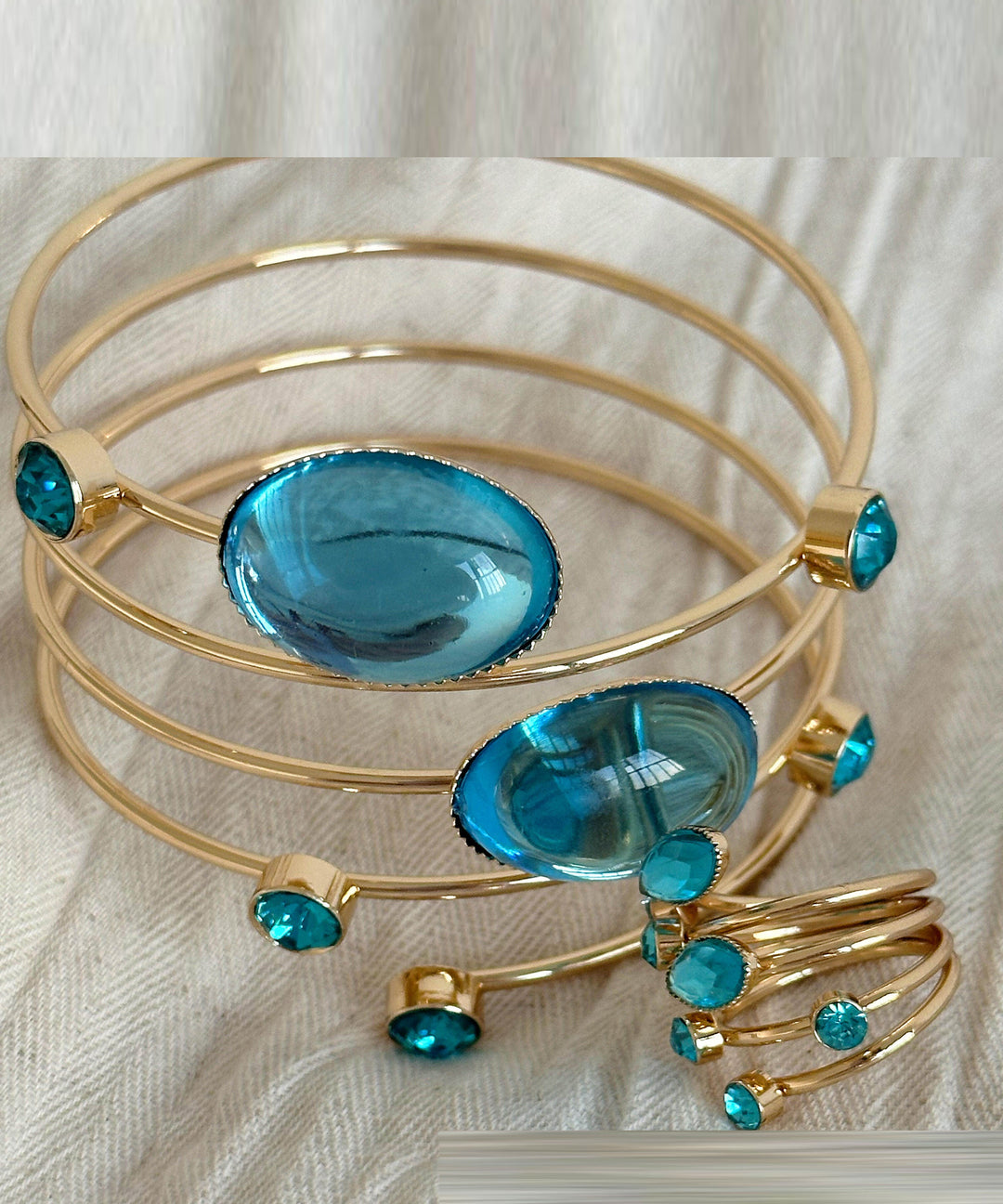 Chic Blue Copper Alloy Gem Stone Spiral Cuff And Rings Two-Piece Set