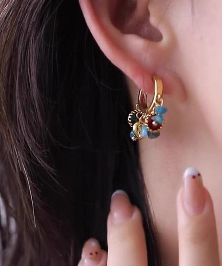 Chic Blue Copper Overgild Asymmetrical Natural Stone Hoop Earrings