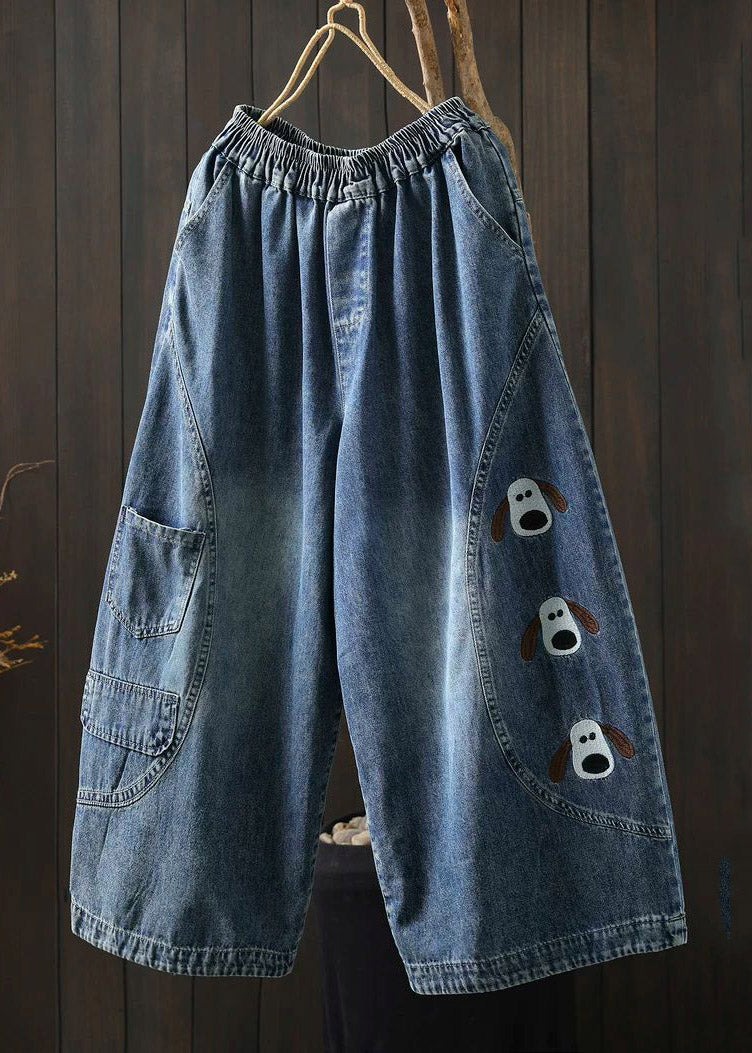 Chic Blue Elastic Waist Pockets Print Crop Jeans