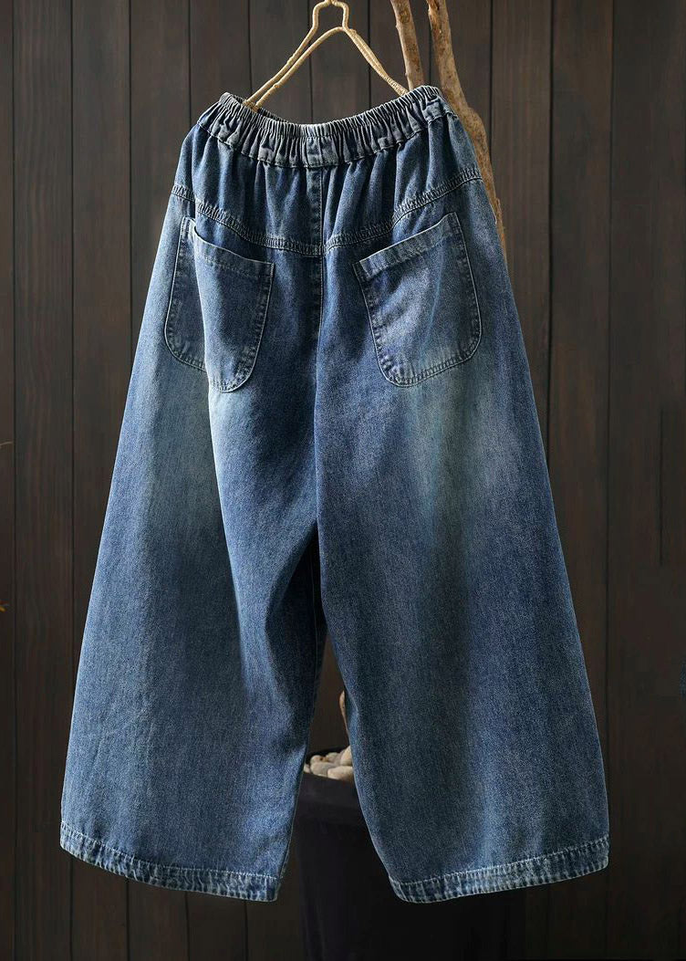 Chic Blue Elastic Waist Pockets Print Crop Jeans