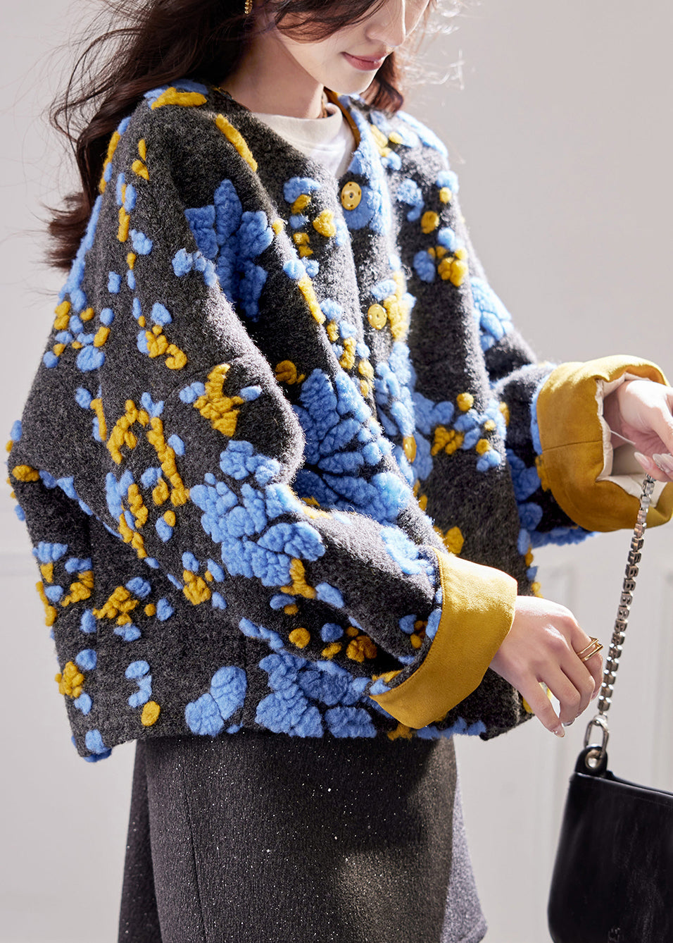 Chic Blue Embroidered Button Duck Down Woolen Coat Winte