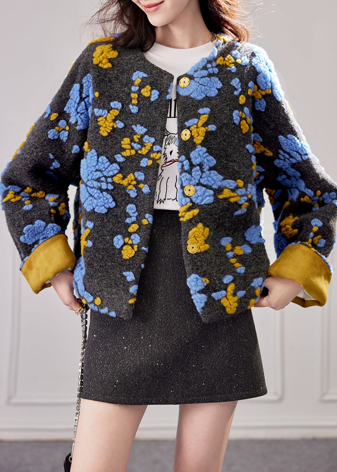 Chic Blue Embroidered Button Duck Down Woolen Coat Winte