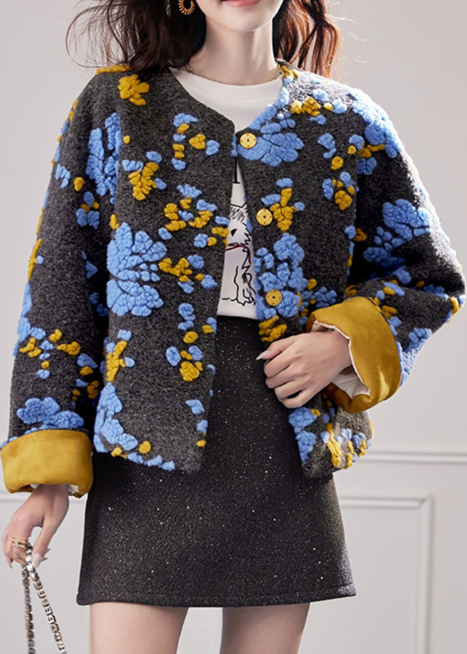 Chic Blue Embroidered Button Duck Down Woolen Coat Winte