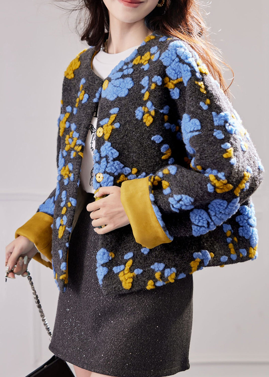Chic Blue Embroidered Button Duck Down Woolen Coat Winte