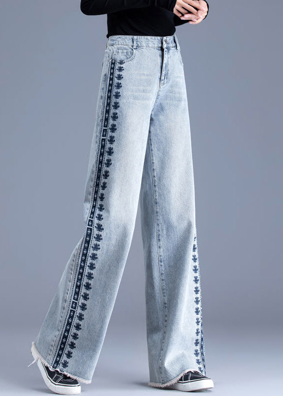 Chic Blue Embroidered Pockets Patchwork Denim Pants Spring